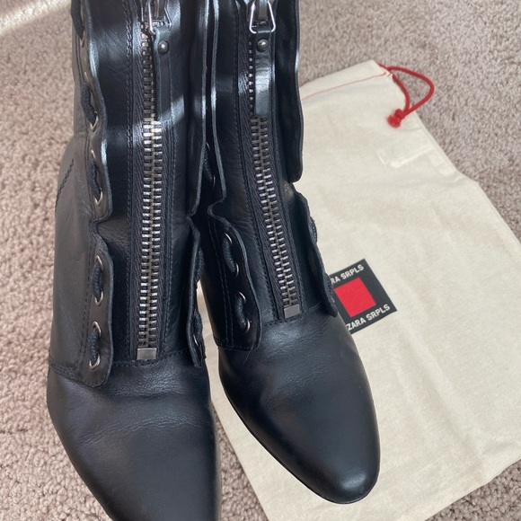 Zara SRPLS Real Leather High Wedge Black Ankle Boots Booties Zip Size 8 / 39 - Picture 13 of 16